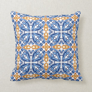 Spanish yellow blue Swirls Tile Mediterranean Throw Pillow
