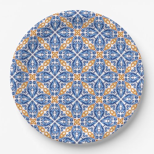 Spanish Yellow Blue Tile mediterranean wedding Paper Plates