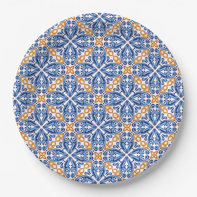 Spanish Yellow Blue Tile mediterranean wedding Paper Plates (Front)