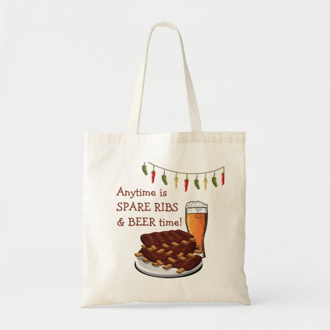 SPARE RIBS & BEER ANYTIME Fun Cartoon Tote Bag (Front)