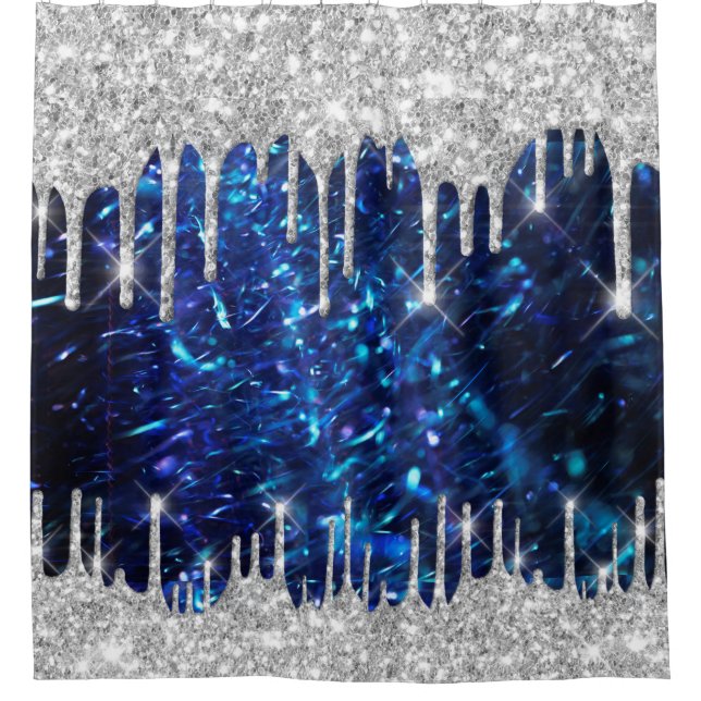 Spark Drips Glitter Blue Navy. Silver Gray Shower Curtain (Front)