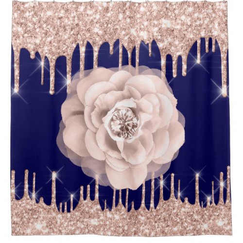 Spark Drips Glitter Diamond Blue Navy Rose Flower Shower Curtain