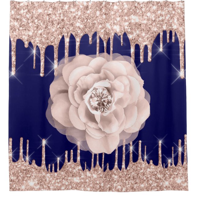Spark Drips Glitter Diamond Blue Navy Rose Flower Shower Curtain (Front)