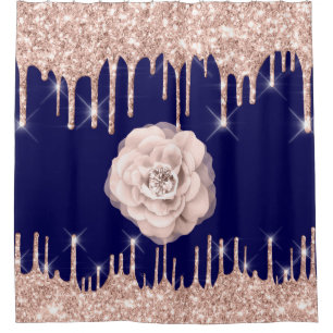 Spark Drips Glitter Diamond Blush Navy Rose Flower Shower Curtain