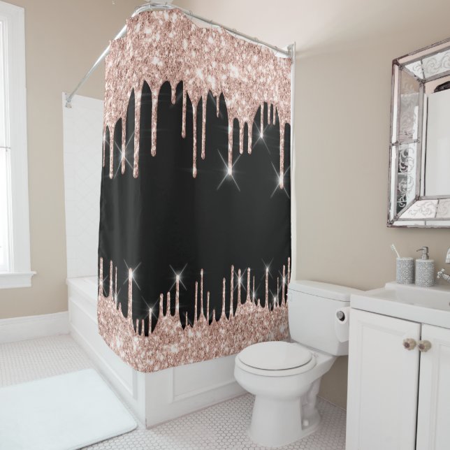 Spark Drips Glitter Effect Black Rose Gold Pink Shower Curtain (In Situ)