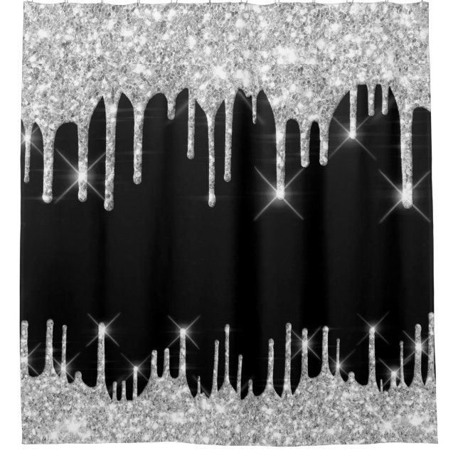 Spark Drips Glitter Effect Black Silver Gray Shower Curtain (Front)