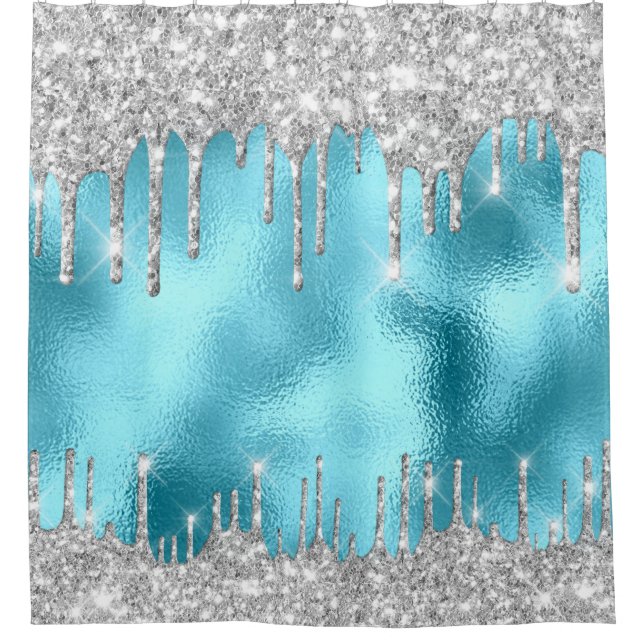 Spark Drips Glitter Effect Black Silver Pink Blue Shower Curtain (Front)