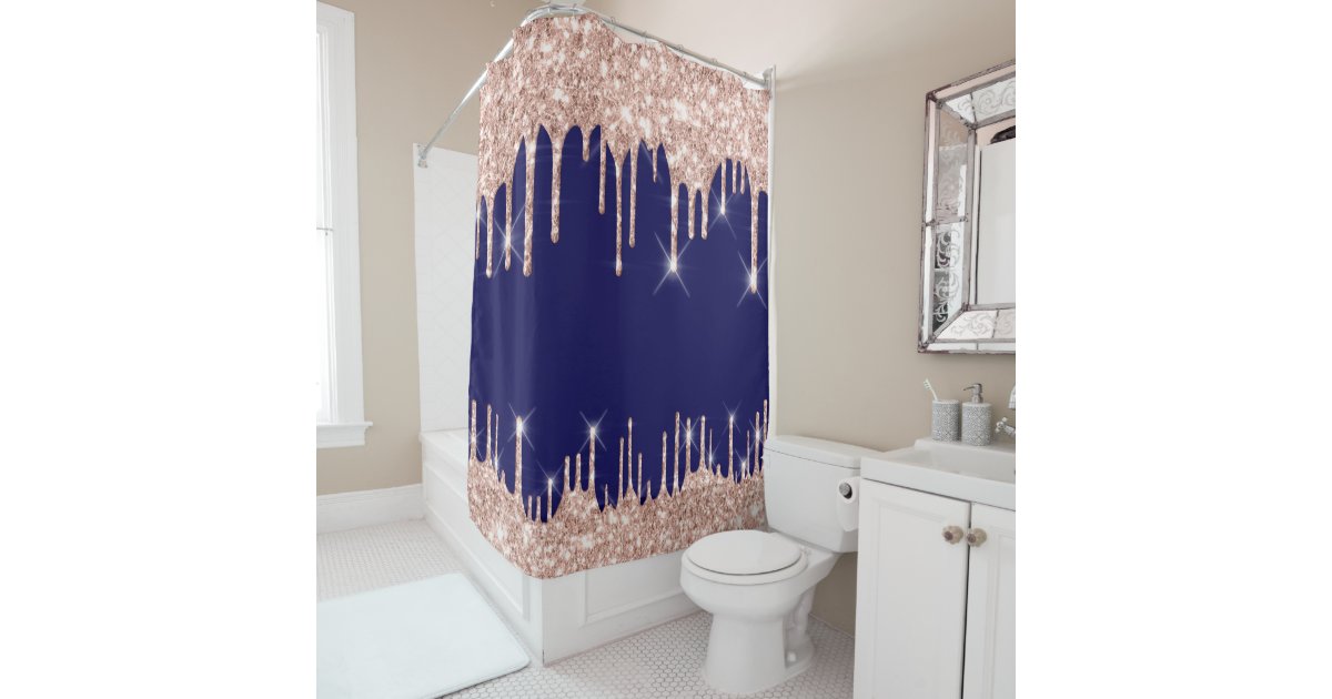 Spark Drips Glitter Effect Blue Navy, Rose Gold Shower Curtain Rod