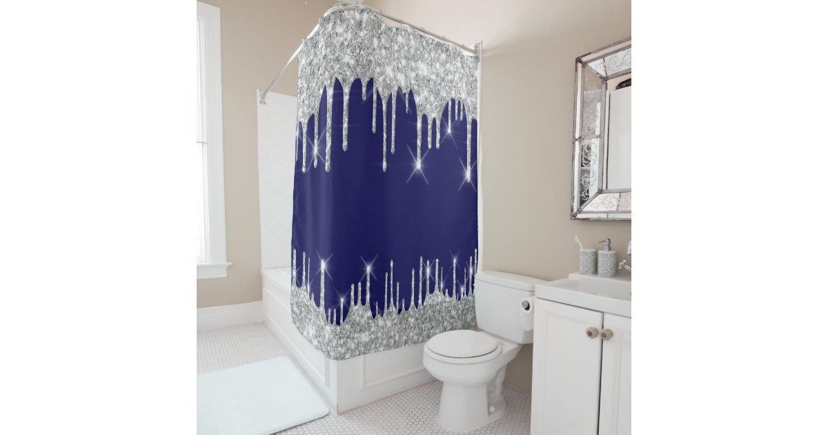 Spark Drips Glitter Effect Blue Navy Silver Gray Shower Curtain