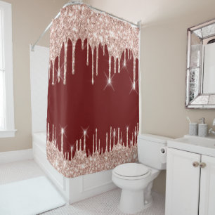 Spark Drips Glitter Effect Burgundy Rose Gold Shower Curtain