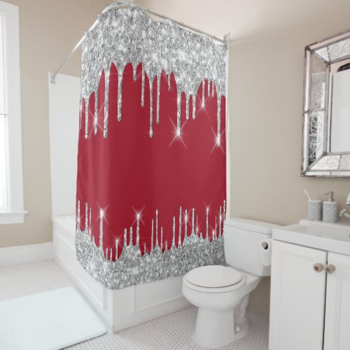 Spark Drips Glitter Effect Red Wine Silver Gray Shower Curtain