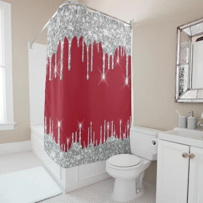 Spark Drips Glitter Effect Red Wine, Silver Gray Shower Curtain