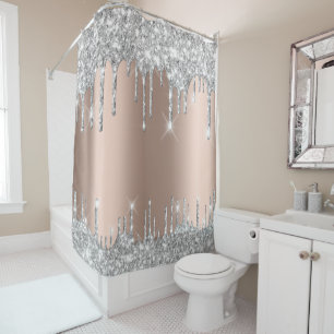 Spark Drips Glitter Effect Rose Silver Gray Shower Curtain