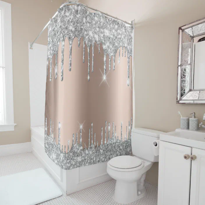 Spark Drips Glitter Effect Rose Silver, Shiny Sparkle Glitter Shower Curtain