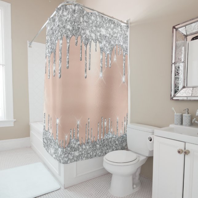 Spark Drips Glitter Effect Rose Silver Gray Shower Curtain (In Situ)