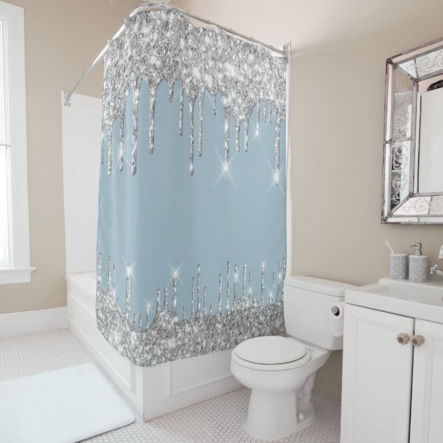 Spark Drips Glitter Effect Smoky Blue Silver Gray Shower Curtain (In Situ)