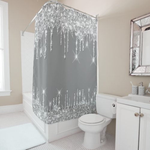 Spark Drips Glitter Effect Smoky Grey Silver Gray Shower Curtain