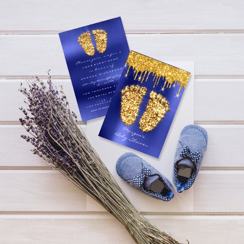 Spark Drips Gold Royal Blue Baby Shower Feet Boy Invitation