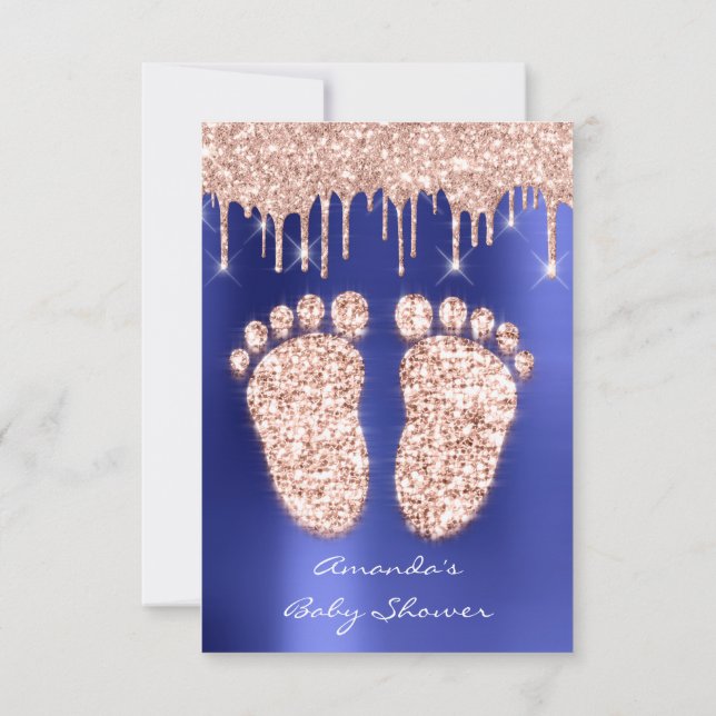 Spark Drips Rose Royal Blue Baby Shower Feet Invitation (Back)