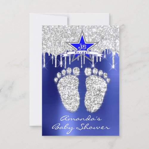 Spark Drips Silver Royal Blue Baby Shower Feet Invitation