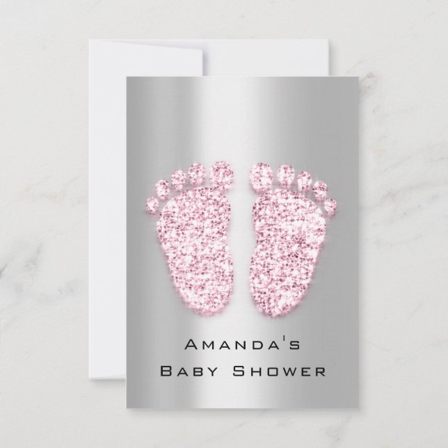 Spark Glitter Baby Shower Feet Pink Gray  Silver Invitation (Back)