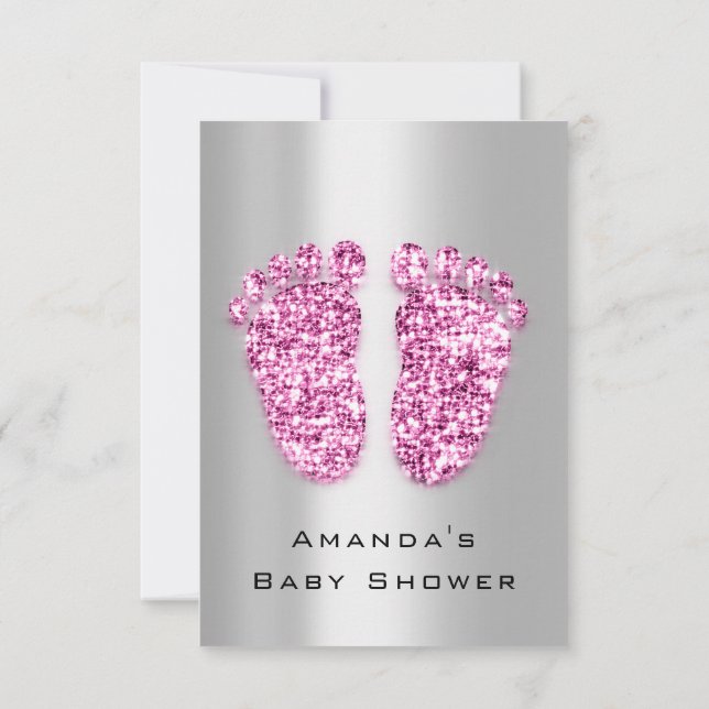 Spark Glitter Baby Shower Feet Pink Silver Invitation (Back)