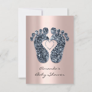 Spark Glitter Blush Rose Baby Shower Feet Teal Invitation