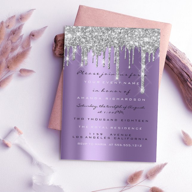 Spark Glitter Drip Silver Purple Gray  Bridal 16th Invitation (Creator Uploaded)