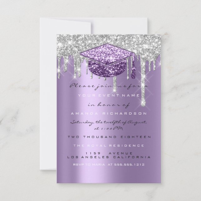 Spark Glitter Drip Silver Purple Gray  Graduate  Invitation (Front)