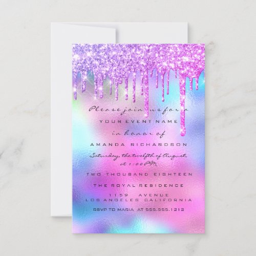 Spark Glitter Drip Silver Unicorn Pink  Bride 16th Invitation