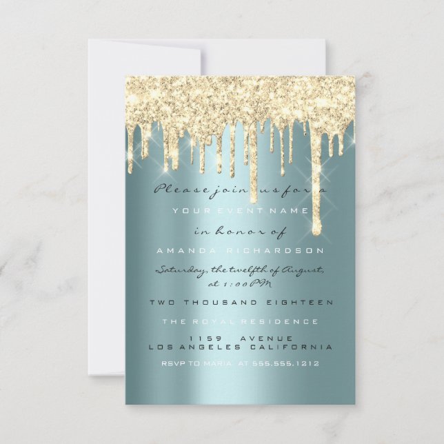 Spark Glitter Drips Gold Teal Bridal Sweet 16th Invitation (Front)