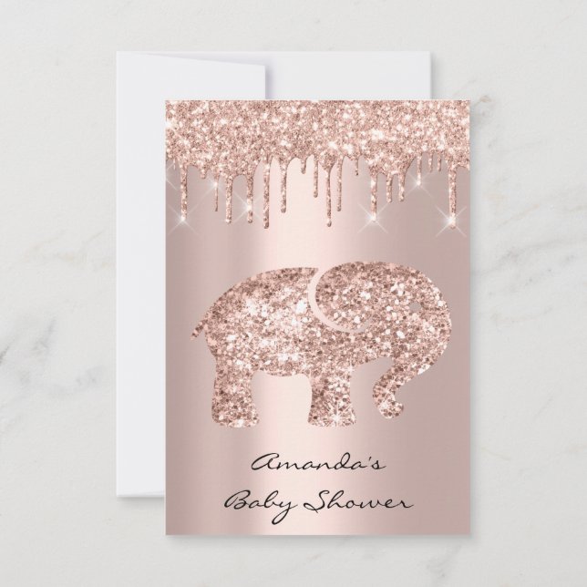Spark Glitter Drips Rose Baby Shower Elephant Invitation (Back)