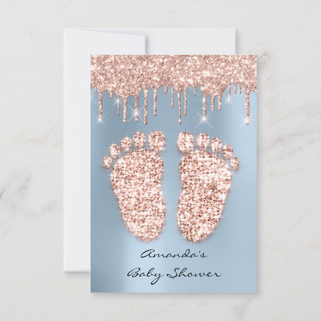 Spark Glitter Drips Rose Blue  Baby Shower Feet Invitation (Back)