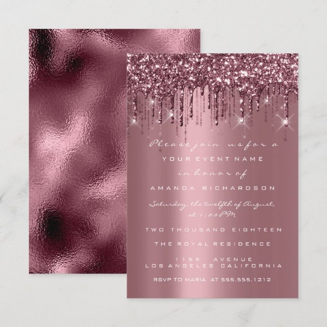 Spark Glitter Drips Rose Burgund Bridal Sweet 16th Invitation (Front/Back)