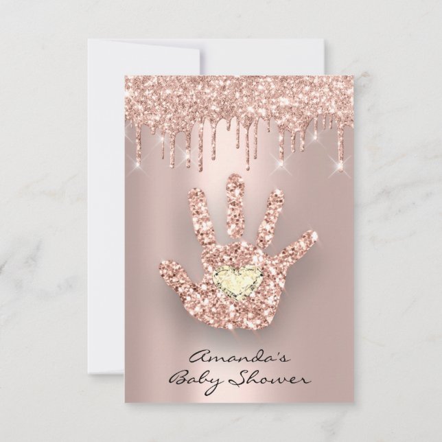 Spark Glitter Drips Rose Gold  Baby Shower Hand Invitation (Back)