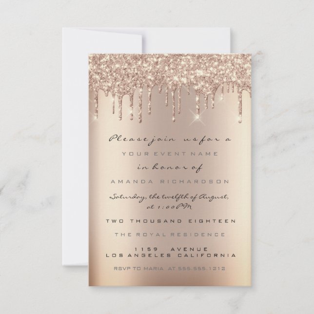 Spark Glitter Drips Rose Gold  Bridal Sweet 16th Invitation (Front)