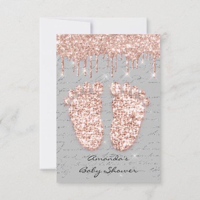 Spark Glitter Drips Rose Gray  Baby Shower Feet Invitation (Back)
