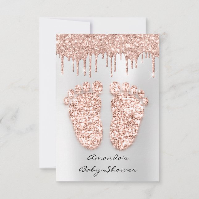 Spark Glitter Drips Rose Gray GreyBaby Shower Feet Invitation (Back)