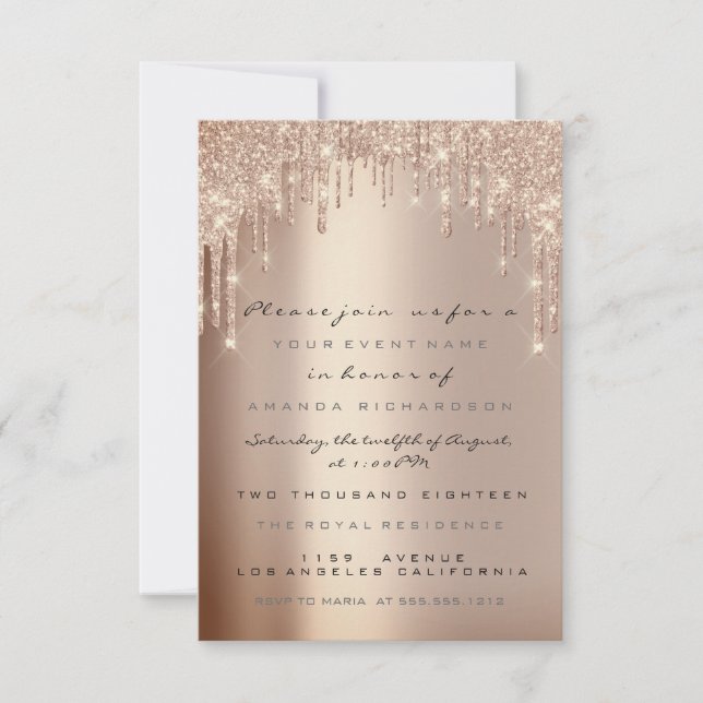Spark Glitter Drips Rose Lux Bridal Sweet 16th Invitation (Front)