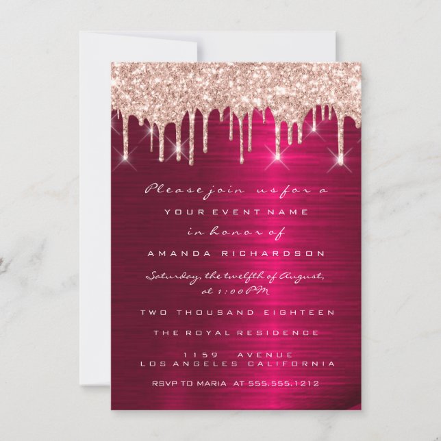 Spark Glitter Drips Rose Red Marsala Bridal 16th Invitation (Front)