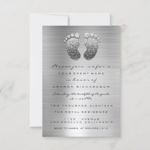 Spark Glitter Drips Silver Gray Baby Shower Foot Invitation