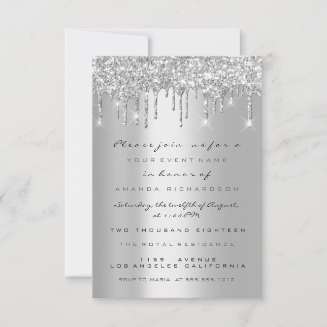 Spark Glitter Drips Silver Gray  Bridal Sweet 16th Invitation (Front)