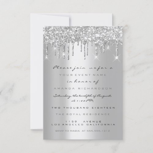 Spark Glitter Drips Silver Gray  Bridal Sweet 16th Invitation