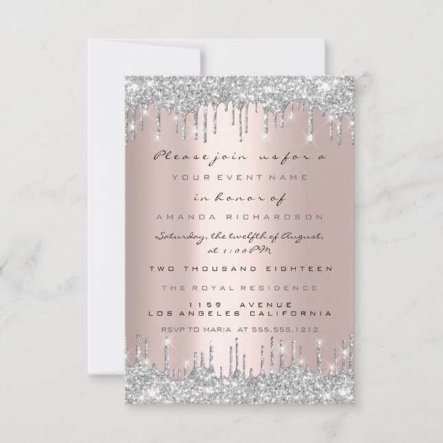 Spark Glitter Drips Silver Grey Bridal Sweet 16th Invitation (Front)
