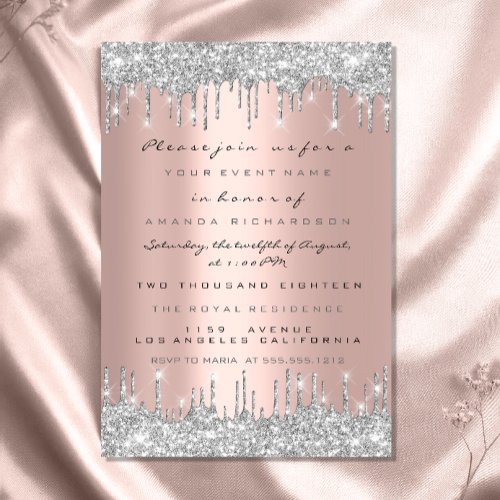 Spark Glitter Drips Silver Grey Bridal Sweet 16th Invitation