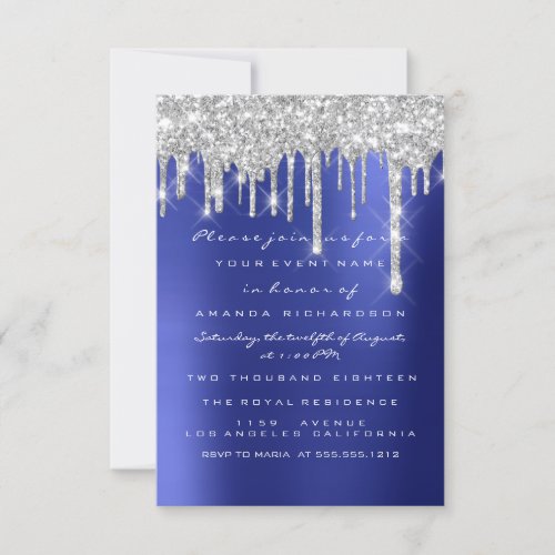 Spark Glitter Drips Silver Navy Bridal Sweet 16th Invitation