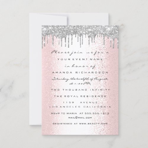 Spark Glitter Drips Silver Pink Bridal Sweet 16th Invitation