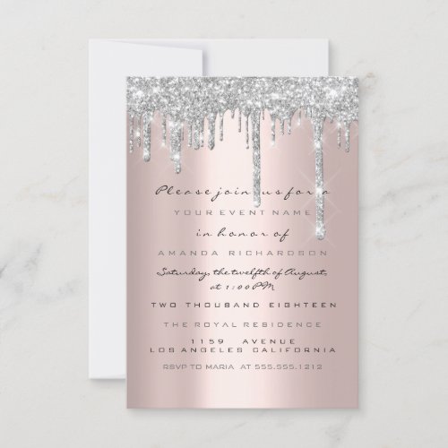 Spark Glitter Drips Silver Rose Bridal Sweet 16th Invitation