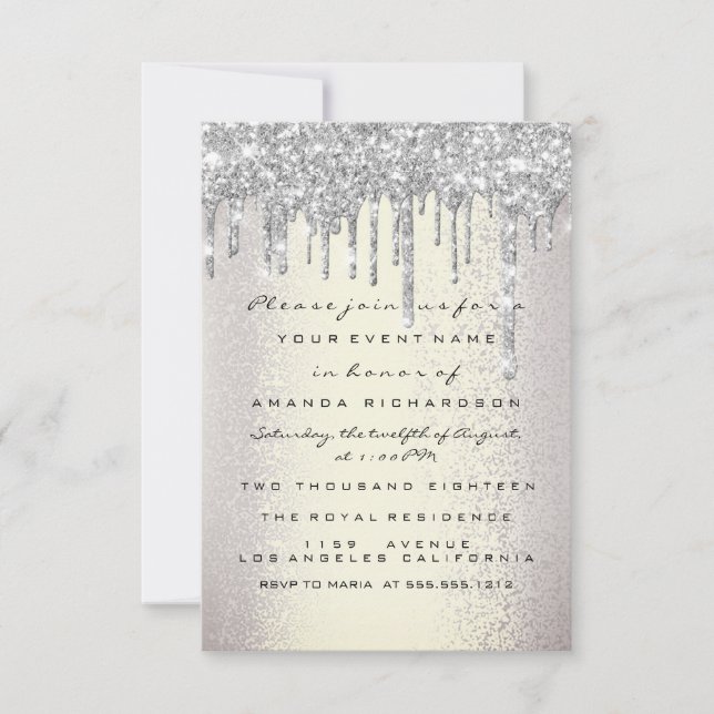Spark Glitter Drips Silver Smoky Bridal Sweet 16th Invitation (Front)