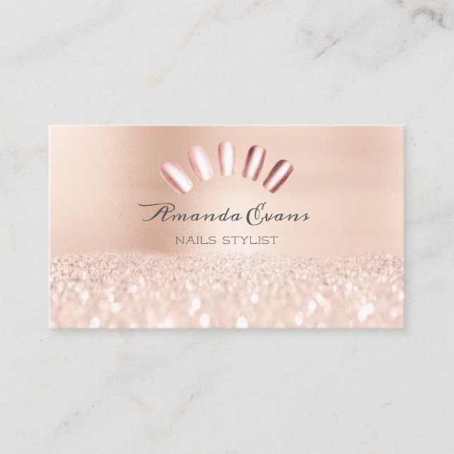 Spark Glitter Rose Gold Nails Artist Blush Appointment Card (Front)